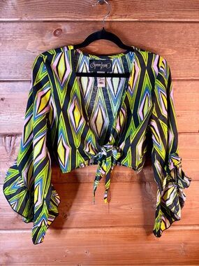 Spoon Jeans Lime Geometric Tie-Front Crop Top Shacket Size Medium 💚